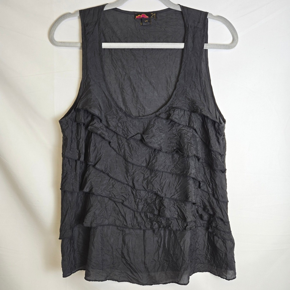 Forever 21 100% Silk Tiered Ruffle Tank Top, Black, Whimsigoth Fairy, Large‎